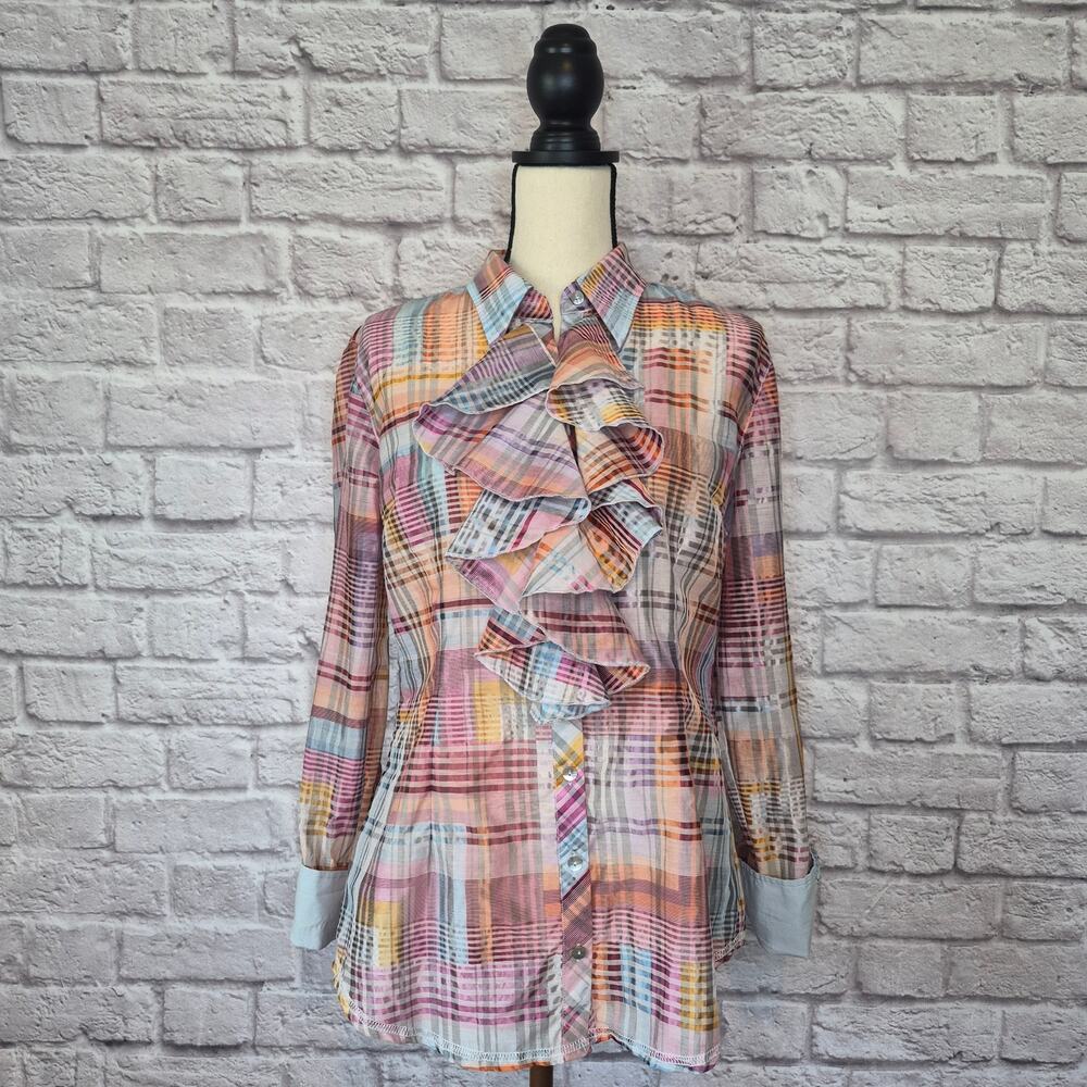 Georg Roth LA Rainbow Plaid Ruffle Front Cotton Blend Button Down Blouse Size M - Picture 2 of 10